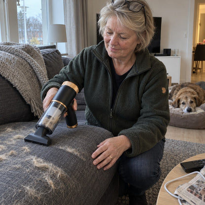 Kvinna tar hundhår från soffan med Sugro medan hunden vilar i bakgrunden