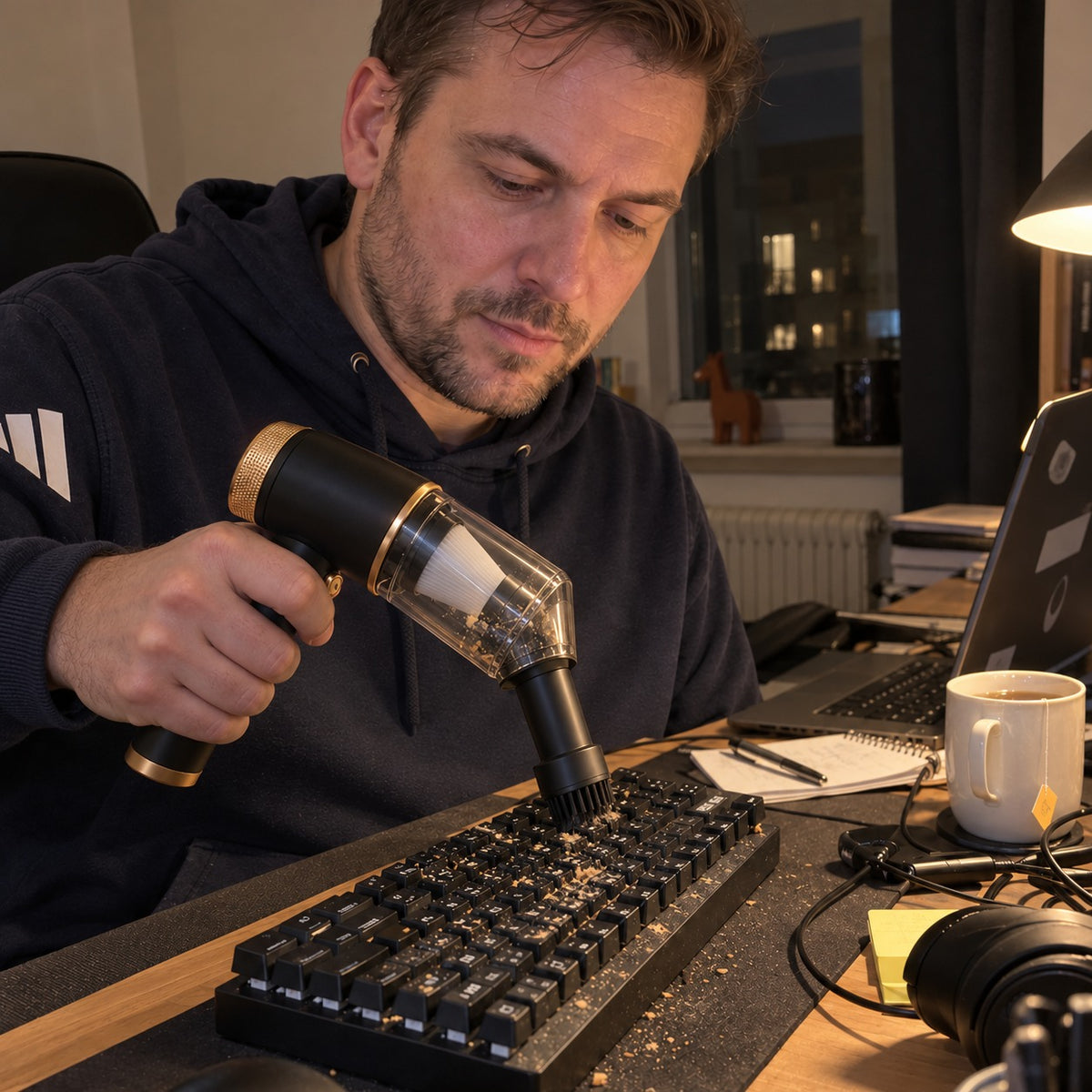 Sugro med borstmunstycke suger upp smulor ur ett tangentbord