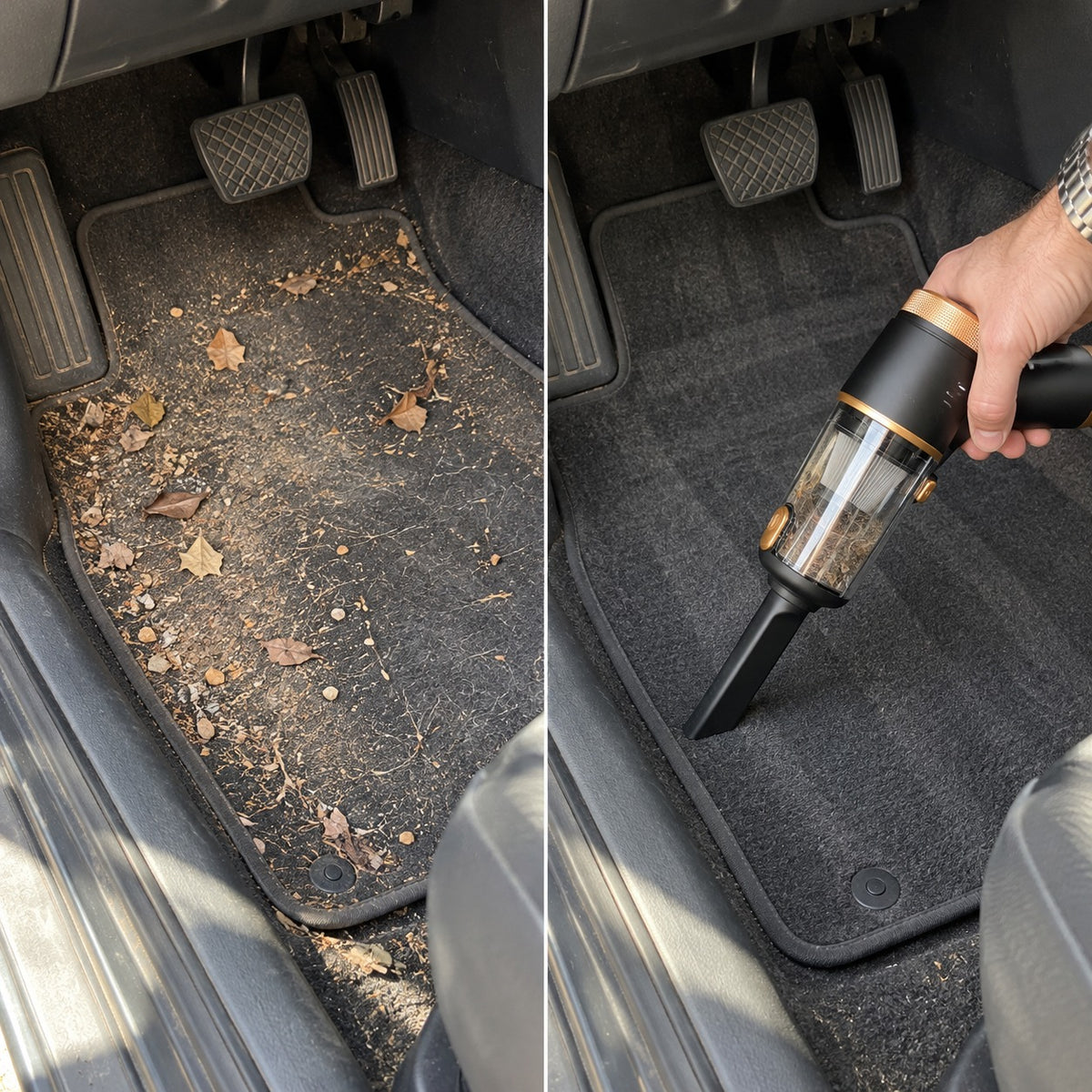 Före och efter: bilmatta full av löv och sand mot ren matta med Sugro