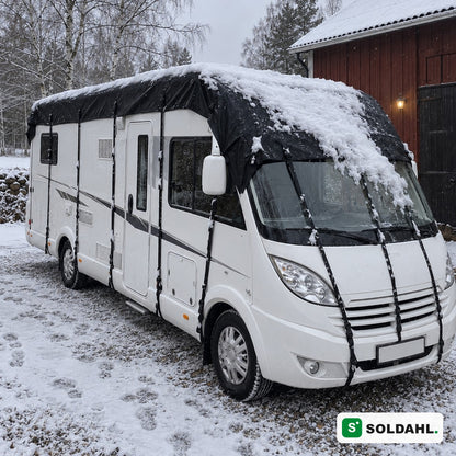 Takskydd med snö på husbil vintertid