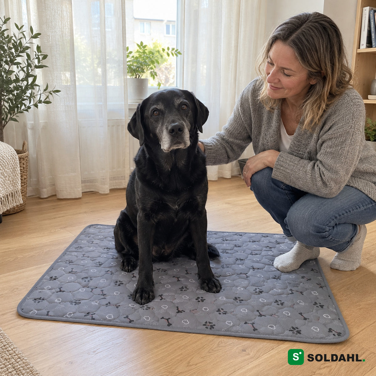 Äldre svart labrador sitter på grå valpmatta med sin ägare hemma i vardagsrummet