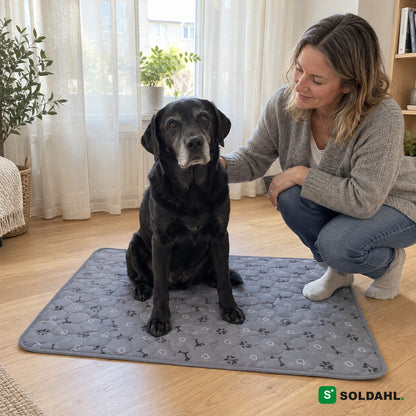 Äldre svart labrador sitter på grå valpmatta med sin ägare hemma i vardagsrummet