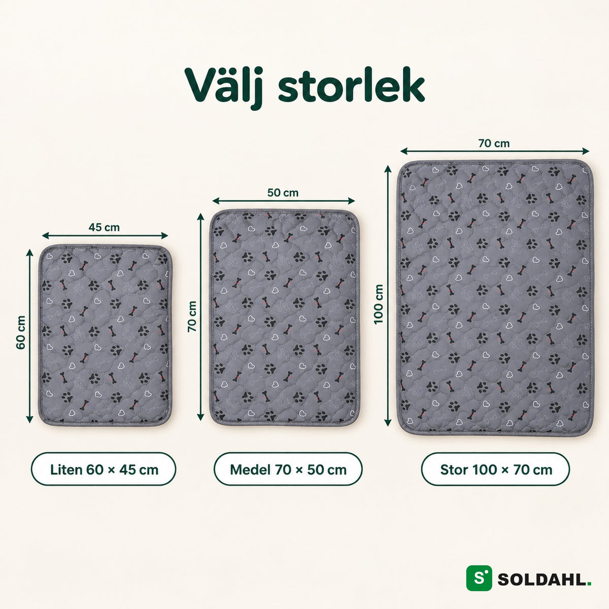 Storleksguide för valpmattan: Liten 60 × 45 cm, Medel 70 × 50 cm och Stor 100 × 70 cm