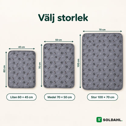 Storleksguide för valpmattan: Liten 60 × 45 cm, Medel 70 × 50 cm och Stor 100 × 70 cm