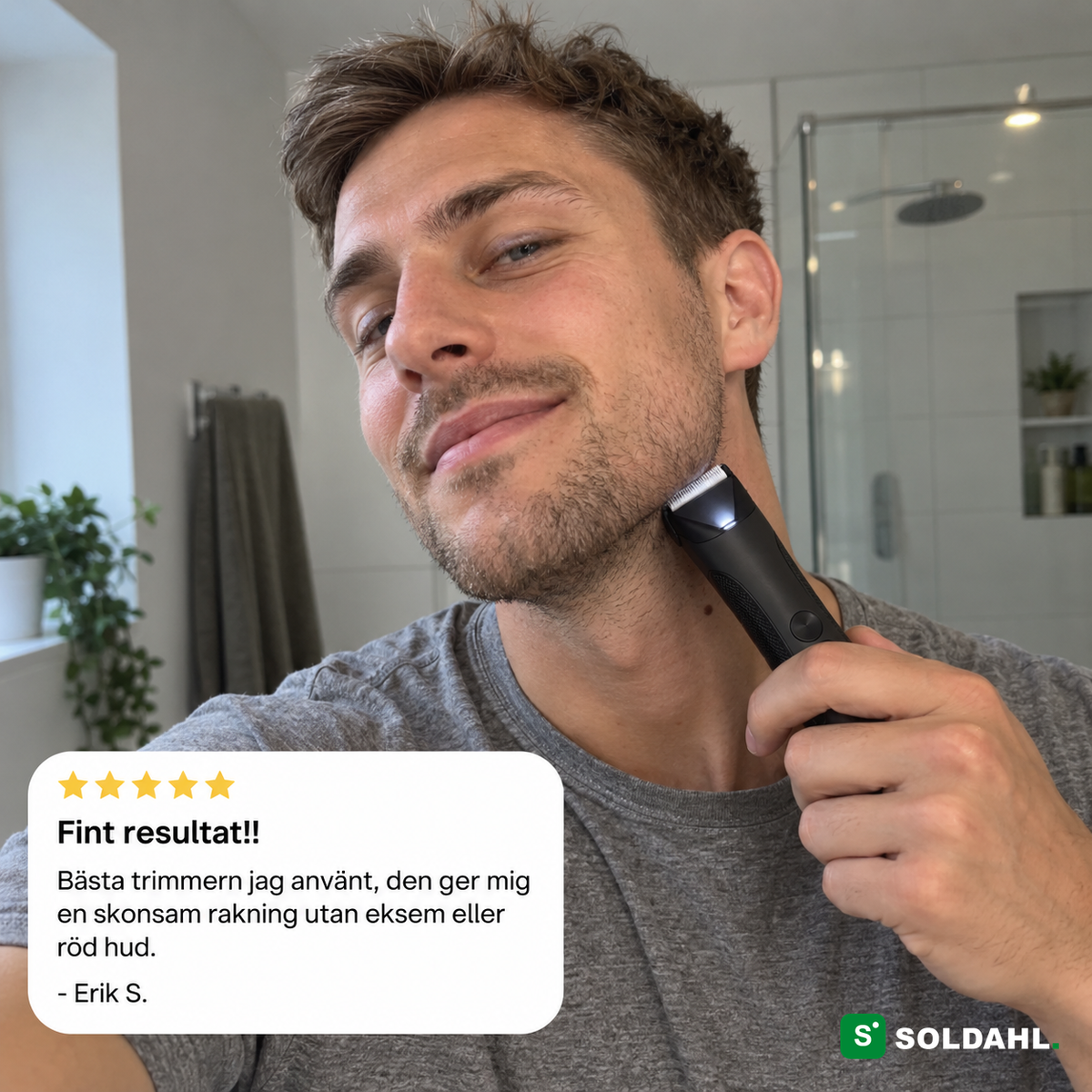 Soldahl Trimro - man använder trimmer i badrum