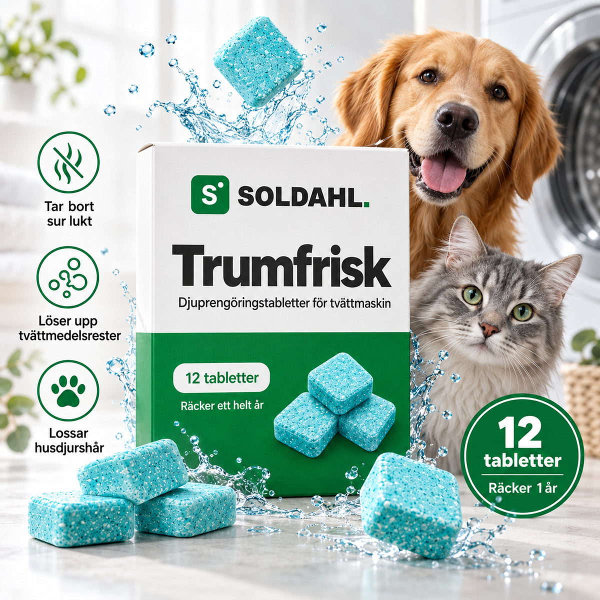 Soldahl Trumfrisk djuprengöringstabletter med hund och katt, 12 tabletter
