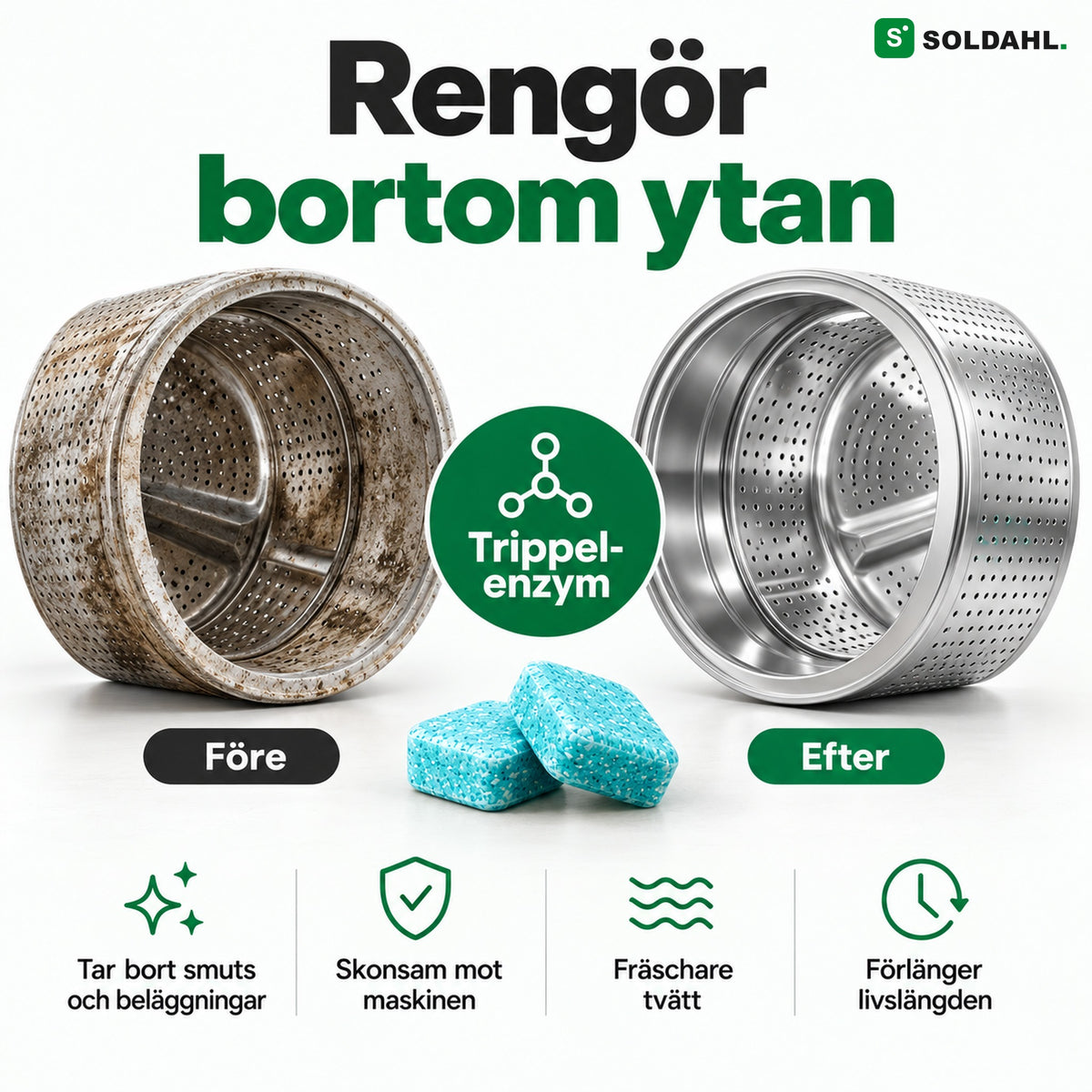 Rengör bortom ytan med trippel-enzym, före och efter