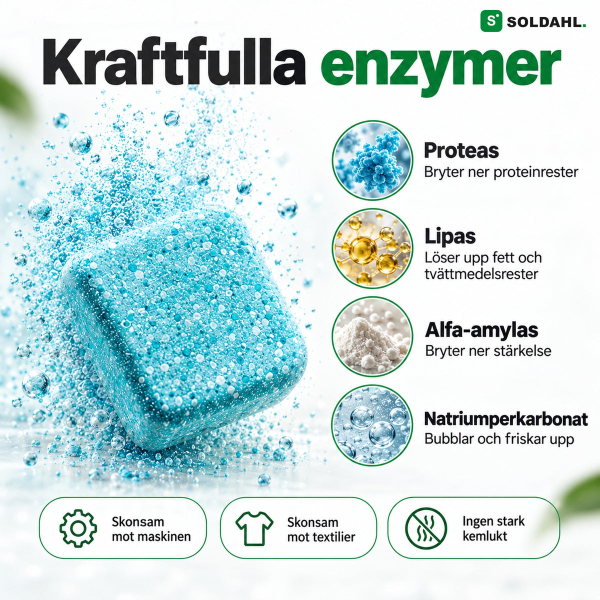 Kraftfulla enzymer: proteas, lipas, alfa-amylas och natriumperkarbonat