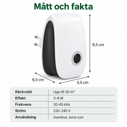 Tystvakt mått och fakta: 8,5 x 5,5 x 6,5 cm, 30 m², 3 till 6 W