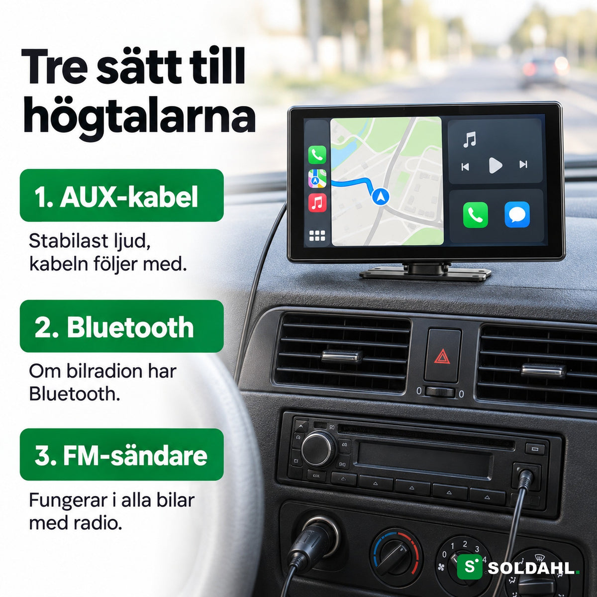 Tre sätt att få ljud från Vägro till bilens högtalare: AUX-kabel, Bluetooth och FM-sändare