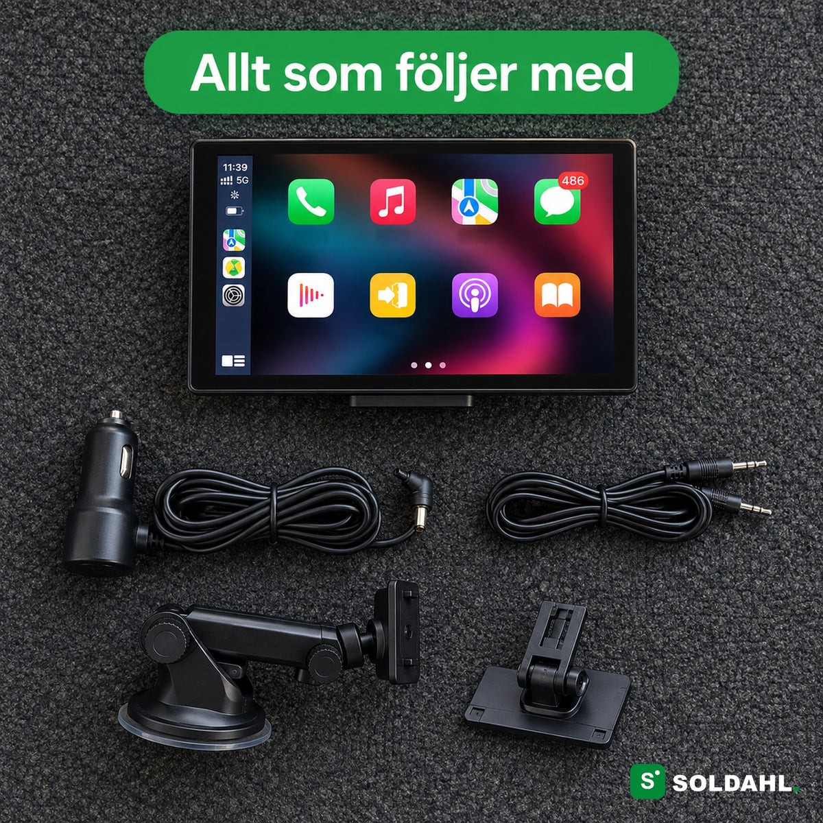 Allt som följer med Vägro: skärm, sugkoppsfäste, dashboardfäste, 12V-kabel och AUX-kabel
