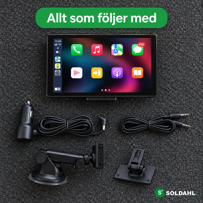 Allt som följer med Vägro: skärm, sugkoppsfäste, dashboardfäste, 12V-kabel och AUX-kabel