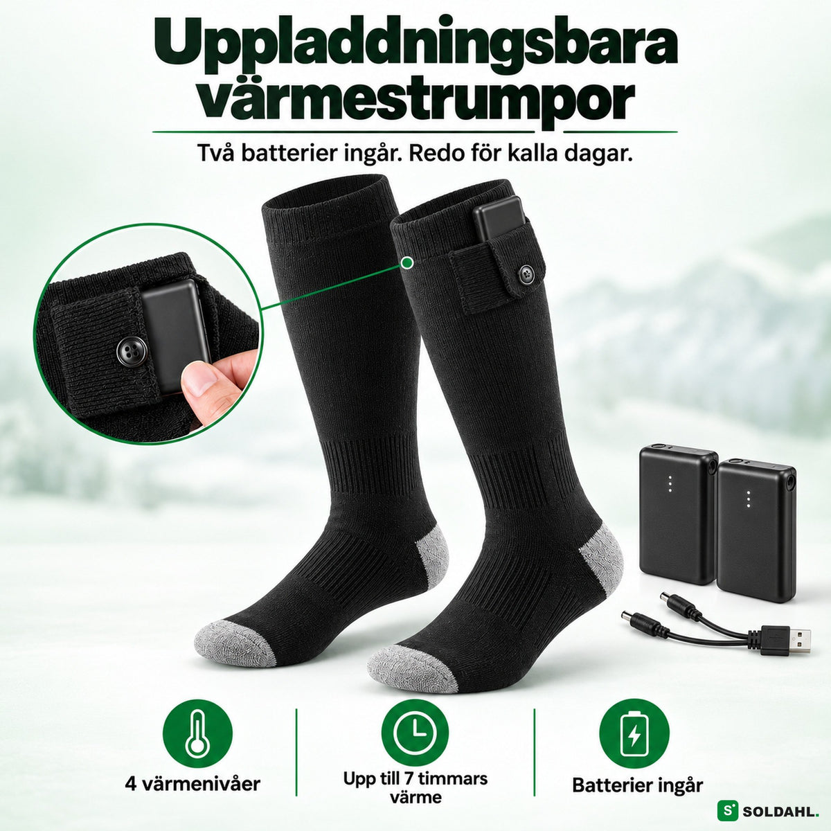 Uppladdningsbara värmestrumpor med två batterier och laddkabel