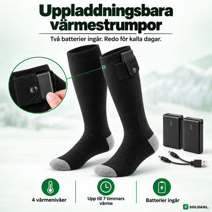 Uppladdningsbara värmestrumpor med två batterier och laddkabel