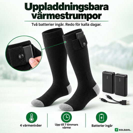 Uppladdningsbara värmestrumpor med två batterier och laddkabel