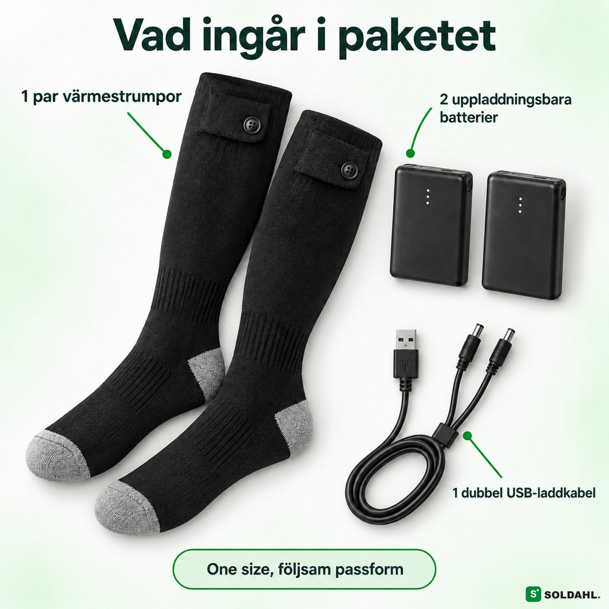 Vad som ingår: värmestrumpor, två batterier och dubbel USB-laddkabel