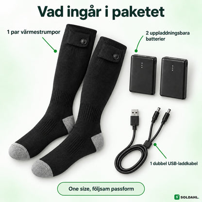 Vad som ingår: värmestrumpor, två batterier och dubbel USB-laddkabel