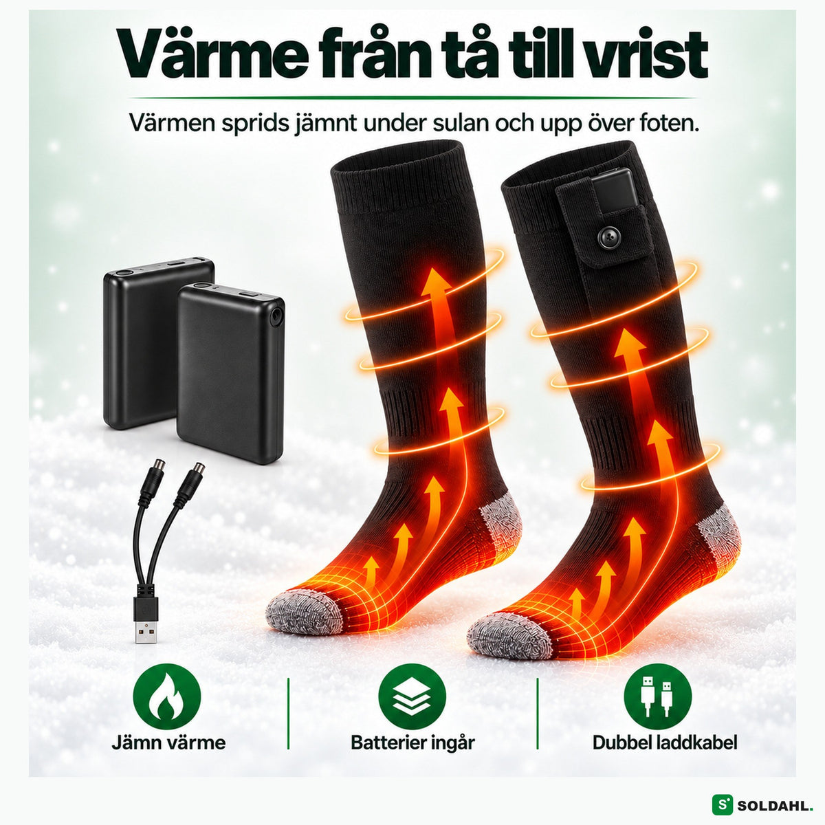 Värmestrumpor som värmer från tå till vrist med två batterier