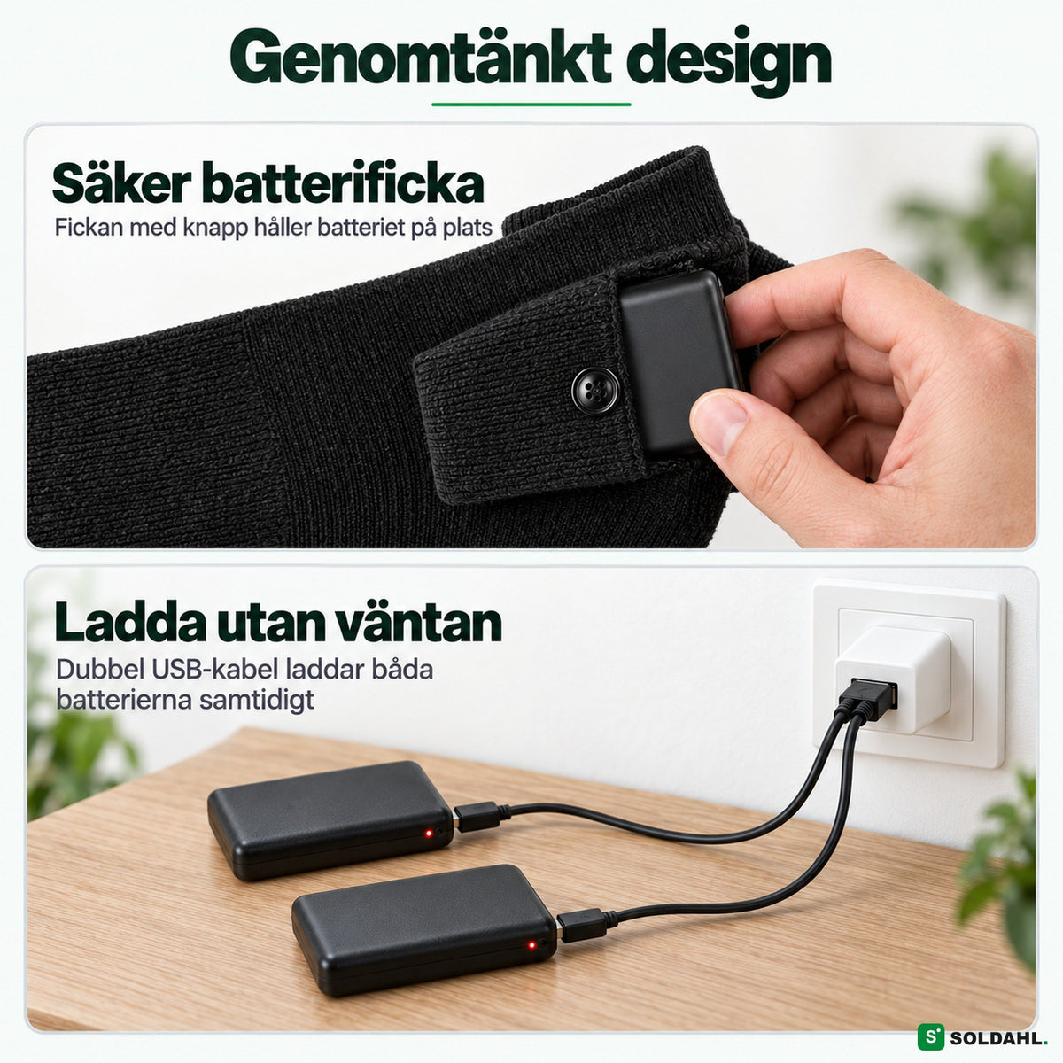 Säker batterificka och dubbel USB-laddkabel för båda batterierna