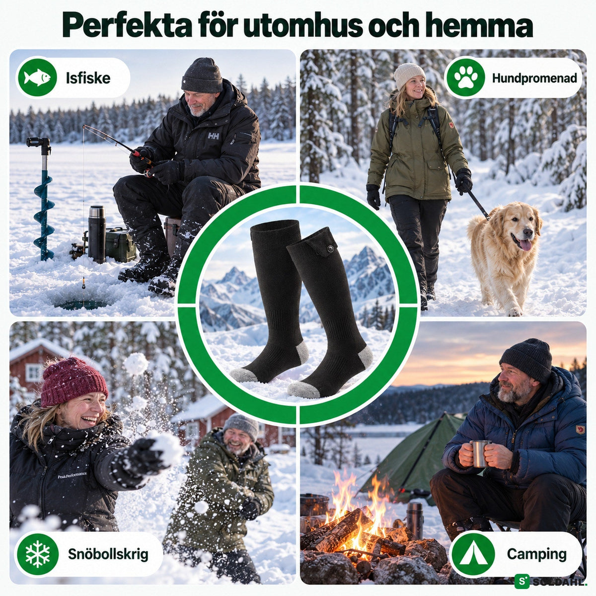 Värmestrumpor vid isfiske, hundpromenad, snöbollskrig och camping
