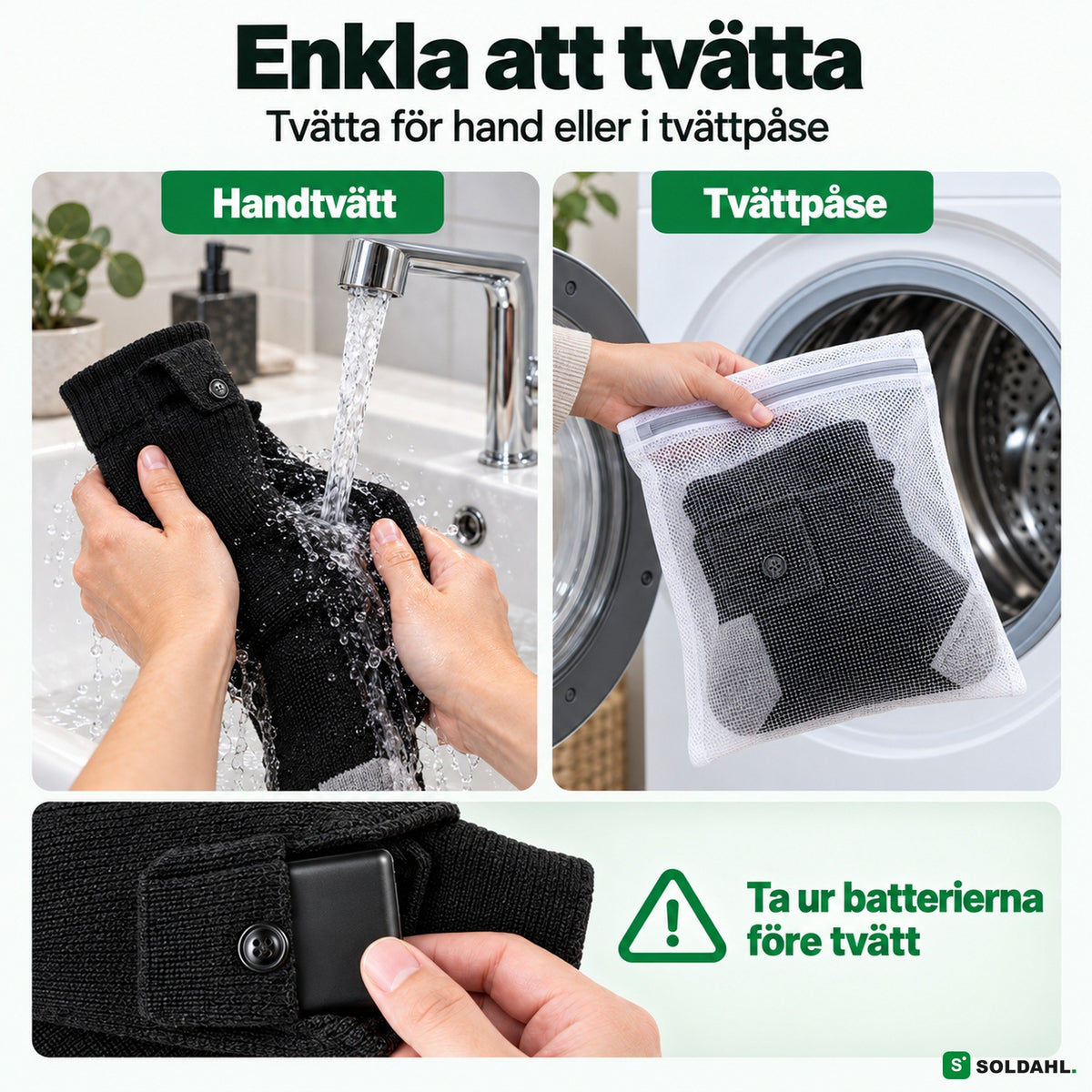 Värmestrumporna är enkla att tvätta när batterierna tagits ur