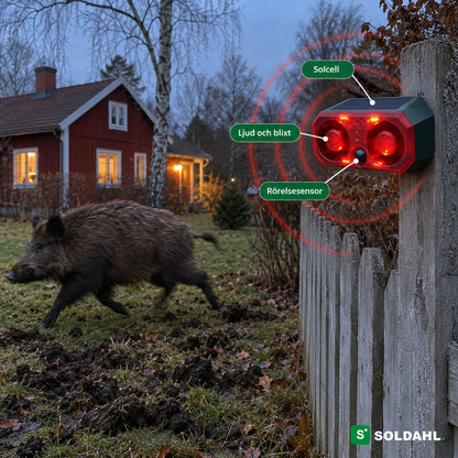 Solcellsdriven viltskrämma monterad på staketstolpe medan ett vildsvin springer iväg över uppbökad gräsmatta