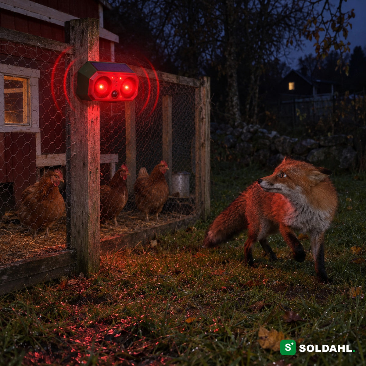 Viltskrämma vid hönsgård på natten som får en räv att vända med röd blixt