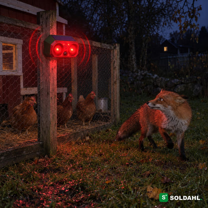 Viltskrämma vid hönsgård på natten som får en räv att vända med röd blixt