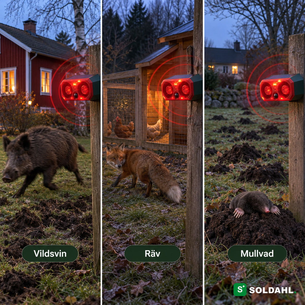 Viltskrämma på stolpe i tre trädgårdar: vildsvin vid uppbökad gräsmatta, räv vid hönsgården och mullvad på en mullvadshög