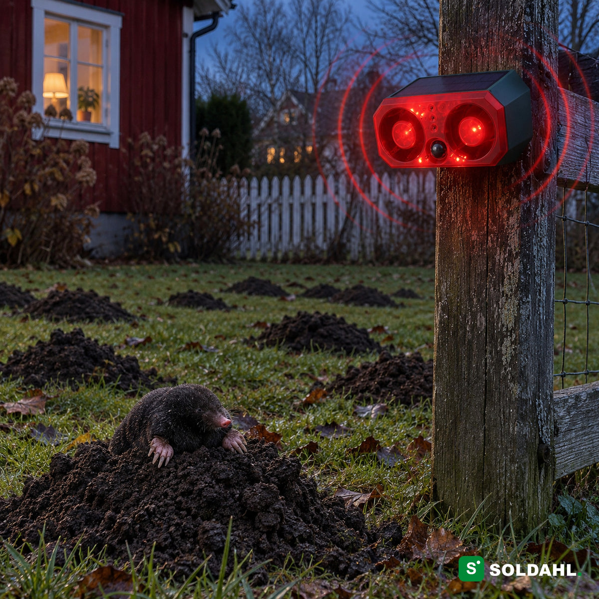 Viltskrämma på staketstolpe med röd blixt över en gräsmatta full av mullvadshögar och en mullvad på en hög