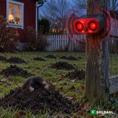 Viltskrämma på staketstolpe med röd blixt över en gräsmatta full av mullvadshögar och en mullvad på en hög