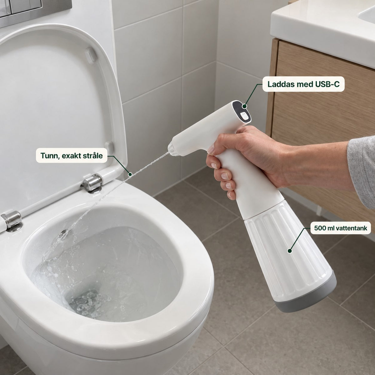 WC-spolare sprutar en tunn vattenstråle i toalettstolen, laddas med USB-C, 500 ml tank