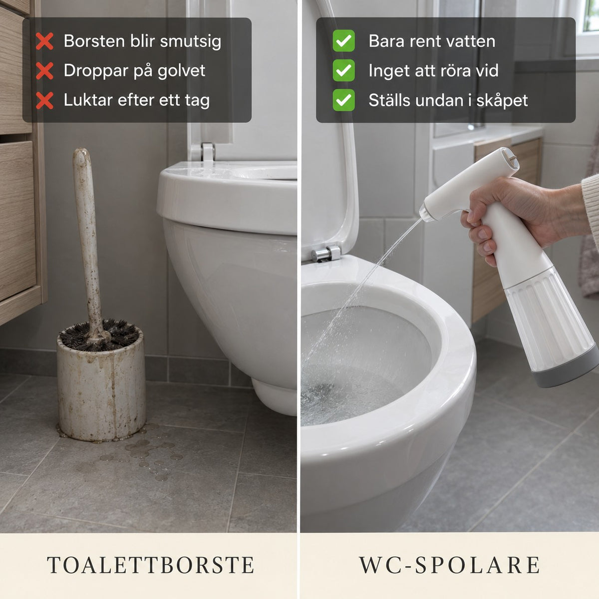 Smutsig toalettborste jämfört med WC-spolare som bara använder rent vatten