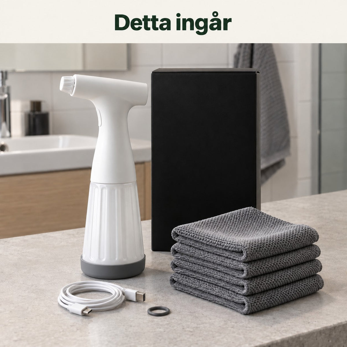 Detta ingår: WC-spolare, 4 mikrofiberdukar, extra O-ring och USB-C-kabel