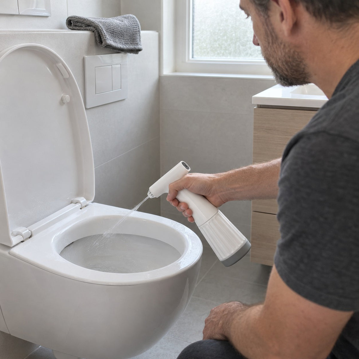 Man gör rent toalettstolens kant med WC-spolaren i ett ljust badrum